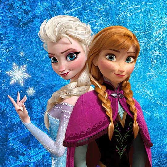 Elsa and Anna from Frozen standing together against a blue ice background