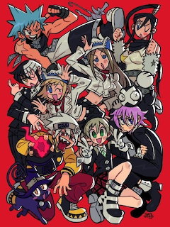 Anime illustration of Soul Eater characters in action poses on a red background