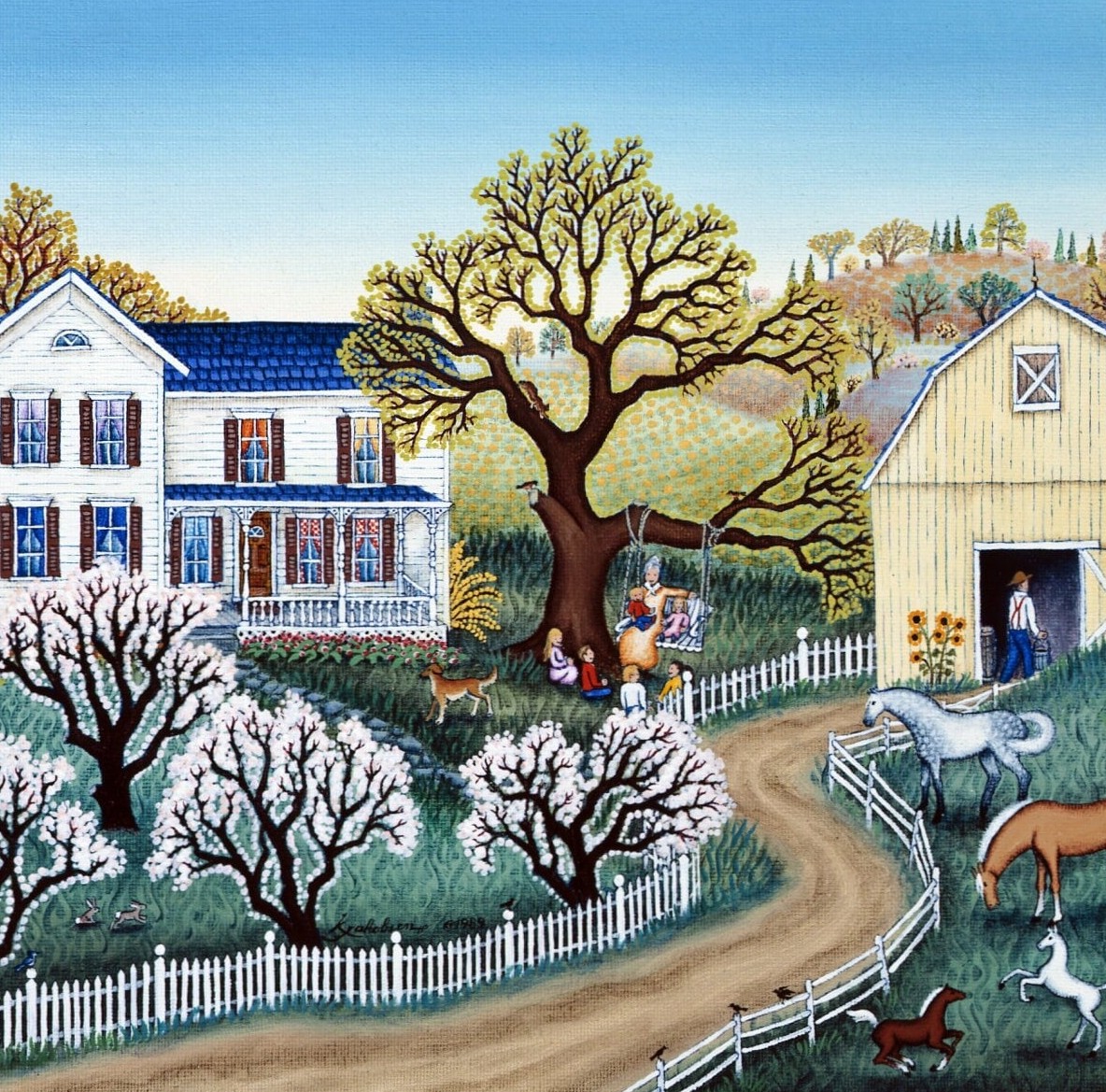 Folk art painting showing spring village scene with white house, flowering trees, fences, and horse on dirt road