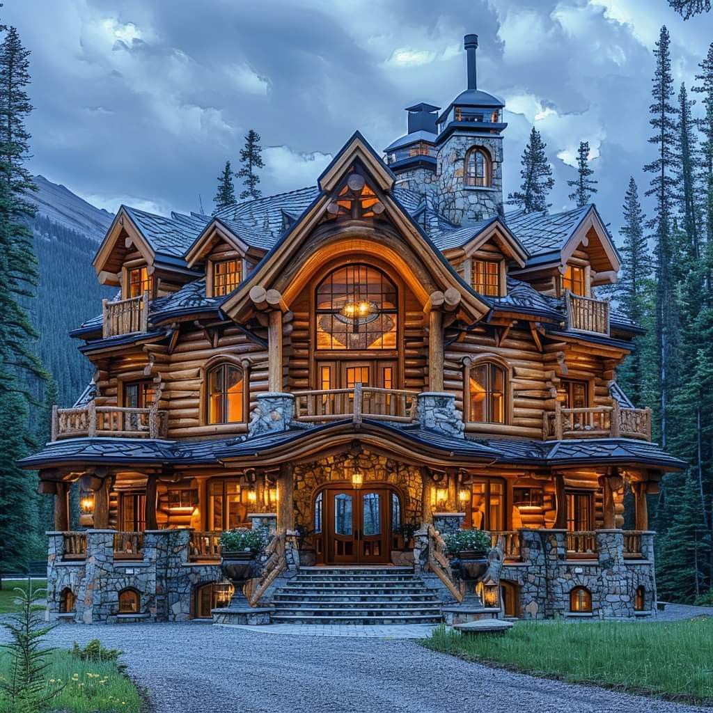 Large luxury log cabin mansion with glowing lights surrounded by pine trees and mountains at dusk