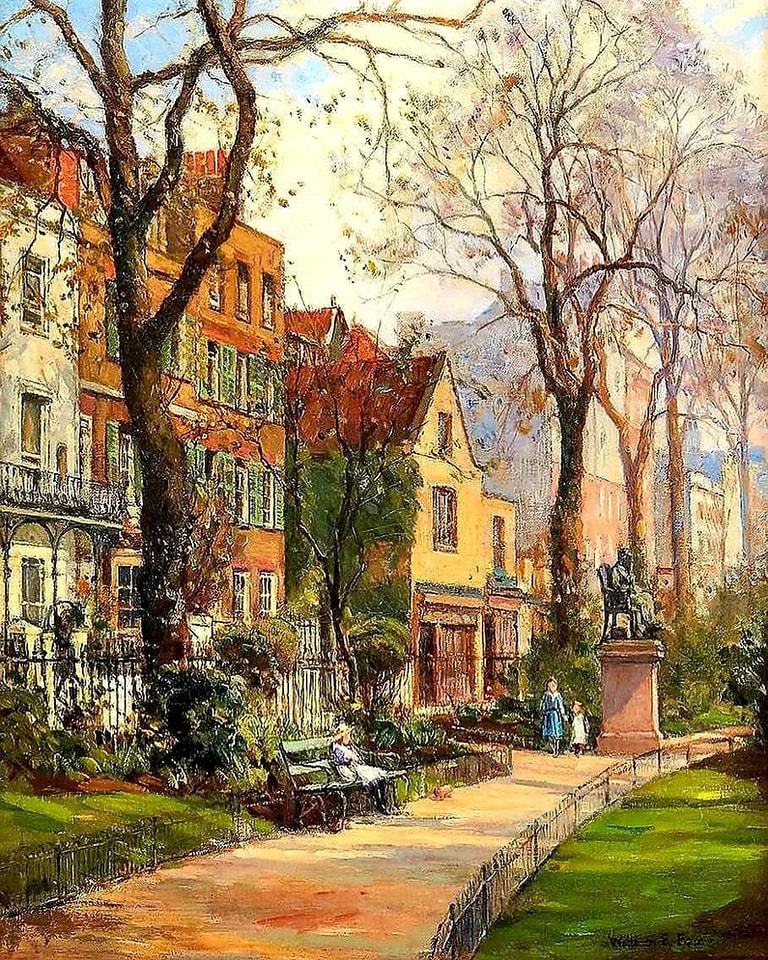 Painting of a colonial street with colorful historic buildings, autumn trees, and an equestrian statue