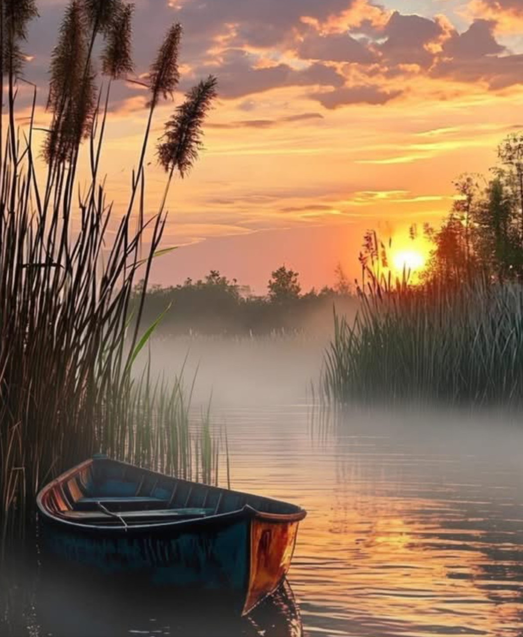 Small boat on misty lake at sunrise with reeds and golden sky