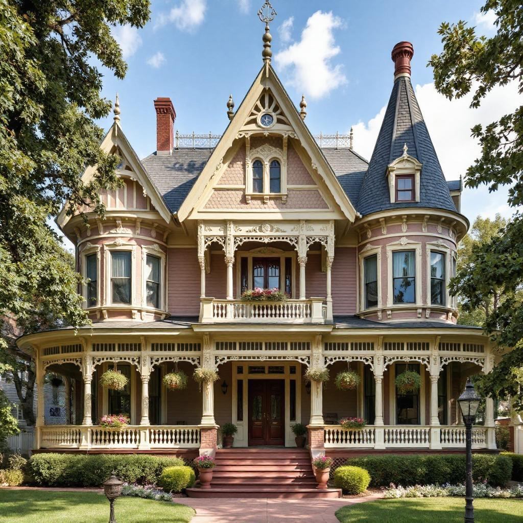Pink Victorian mansion with decorative gables, turrets, and wraparound porch surrounded by lawn and trees