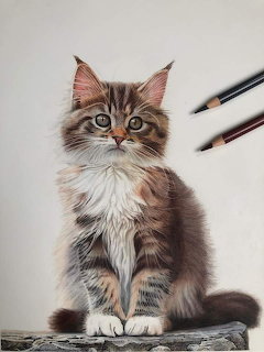 Realistic colored pencil drawing of a fluffy tabby kitten sitting with two pencils beside it