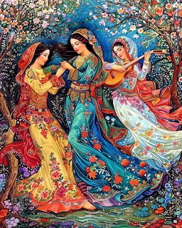 Three women in elaborate Persian dresses dancing with flowing garments and intricate floral patterns in vibrant colors