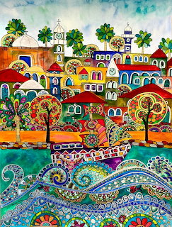 Vibrant folk art painting of a coastal village with stylized trees, colorful houses, and decorative boats on patterned waves