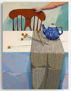Abstract painting of red chair, blue teapot, table runner and flowers on table with color block background