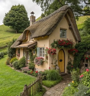 Quaint thatched cottage with yellow door surrounded by colorful flowers and green lawn on hillside