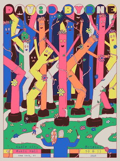 Colorful illustration of tall dancing figures among tree-like forms in a whimsical forest scene.