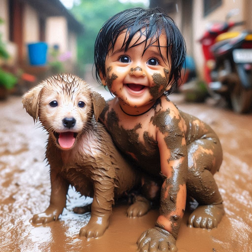 Smiling child covered in mud holding a muddy puppy outdoors