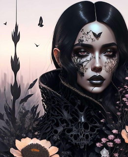 Gothic woman with black hair, facial tattoos, dark collar, skulls, ravens and flowers