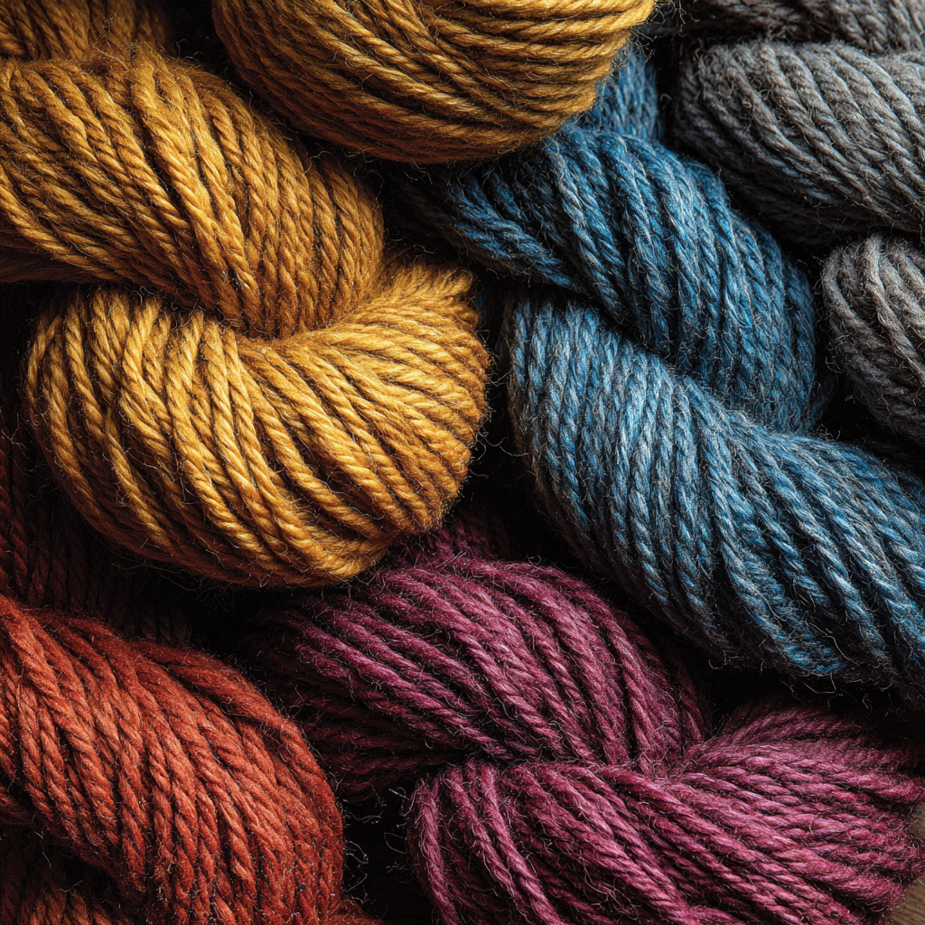 Close-up of colorful twisted yarn skeins in mustard, blue, gray, rust, and purple
