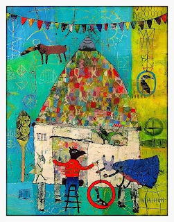 Colorful folk art painting with animal characters, bunting flags, and a patterned central figure on a bright background