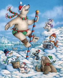 Polar bear in Santa hat dancing with candy cane, surrounded by arctic animals in snow with Christmas decorations