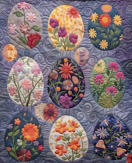 Handmade quilt with twelve floral-decorated egg shapes on a blue quilted background