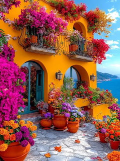 Bright yellow villa with purple flowering bougainvillea cascading from balconies and terracotta planters on stone terrace