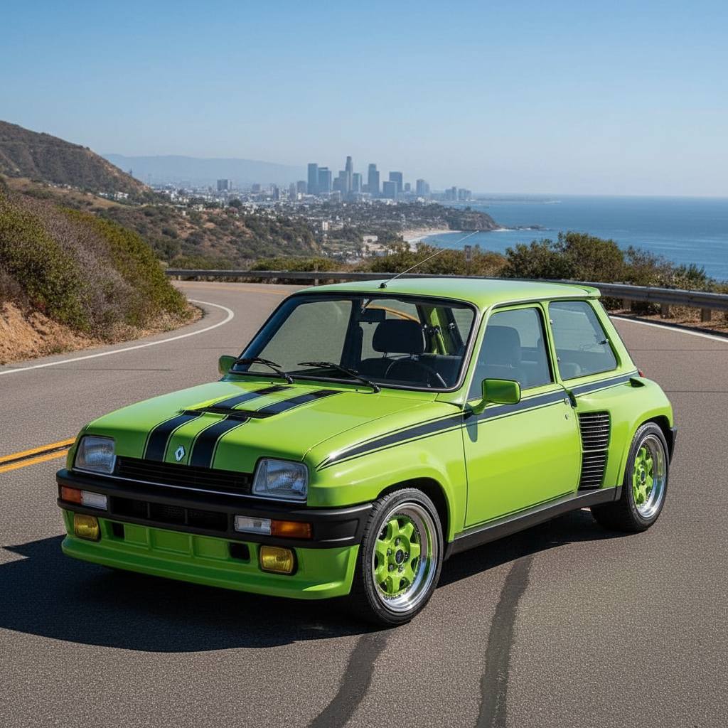 Bright green vintage car on a coastal road with ocean and distant city skyline