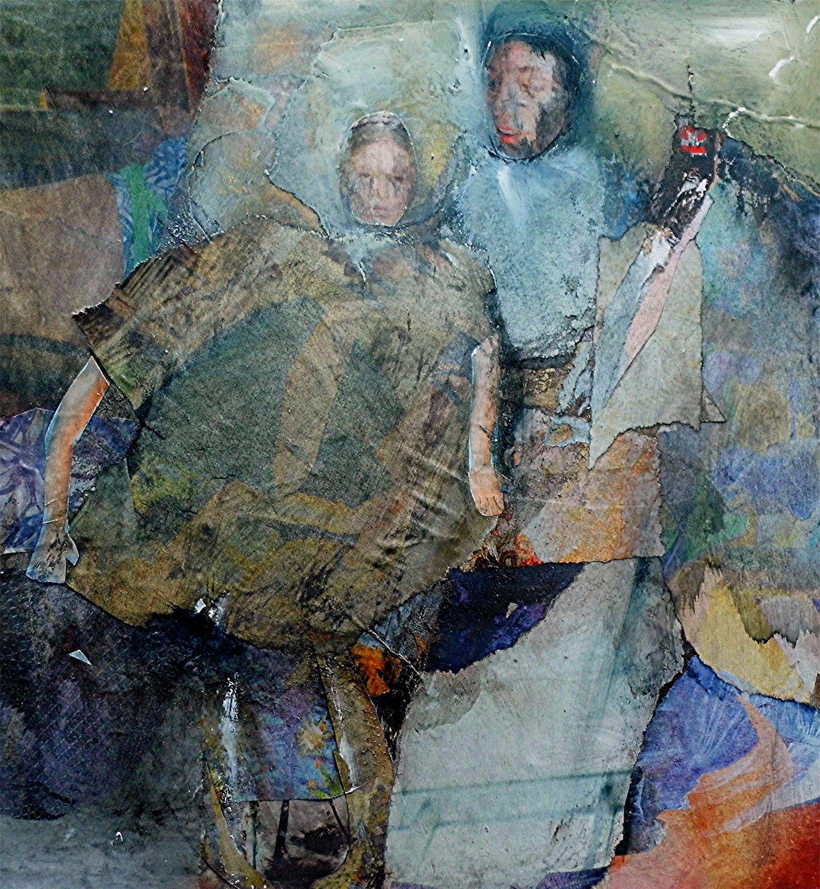 Abstract expressionist painting of two hooded figures in muted blue and green tones