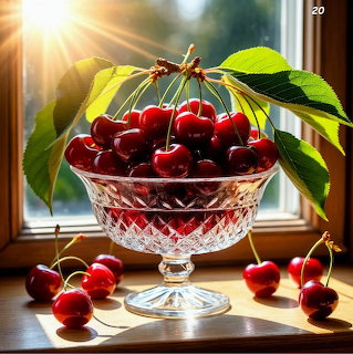 Red cherries with green leaves in a crystal bowl on a sunny windowsill