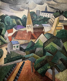 Cubist village painting with a church steeple, houses, trees, and hills