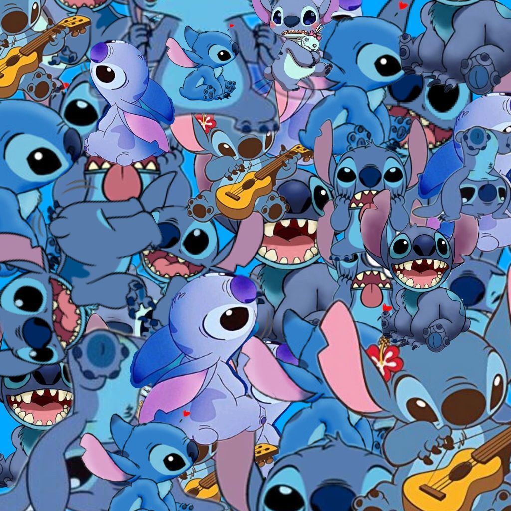Packed collage of cartoon character Stitch showing many facial expressions