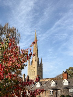 Norwich Cathedral spire behind roftops with red autumn foliage in the foreground under a blue sky