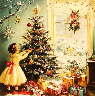 Young girl in yellow dress decorating Christmas tree near window with gifts and ornaments in vintage-style room