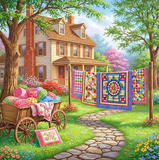 Colorful patchwork quilts hanging outdoors near a cottage with a wooden cart and garden path