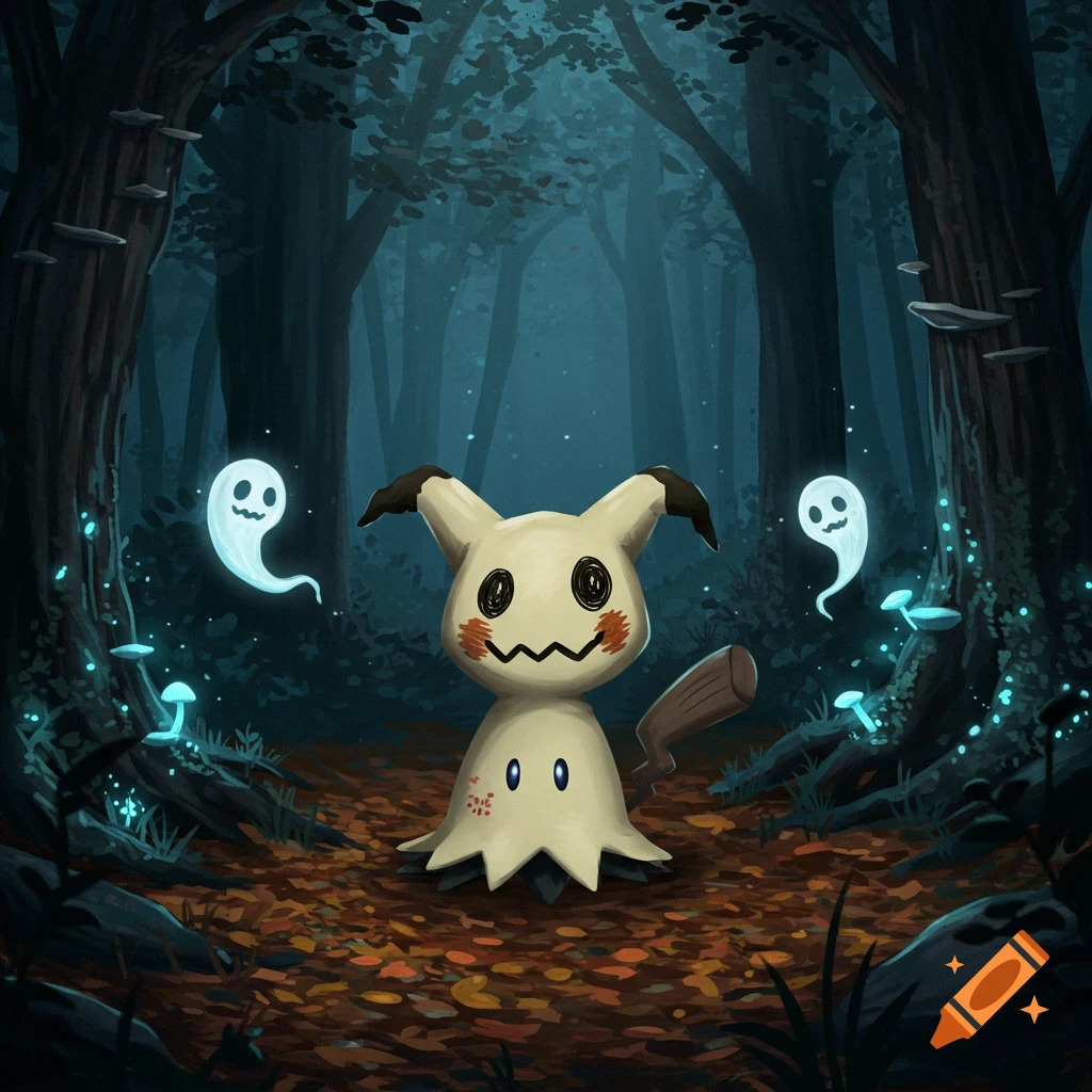 Mimikyu Pokemon in a dark misty forest surrounded by floating ghost spirits and glowing lights