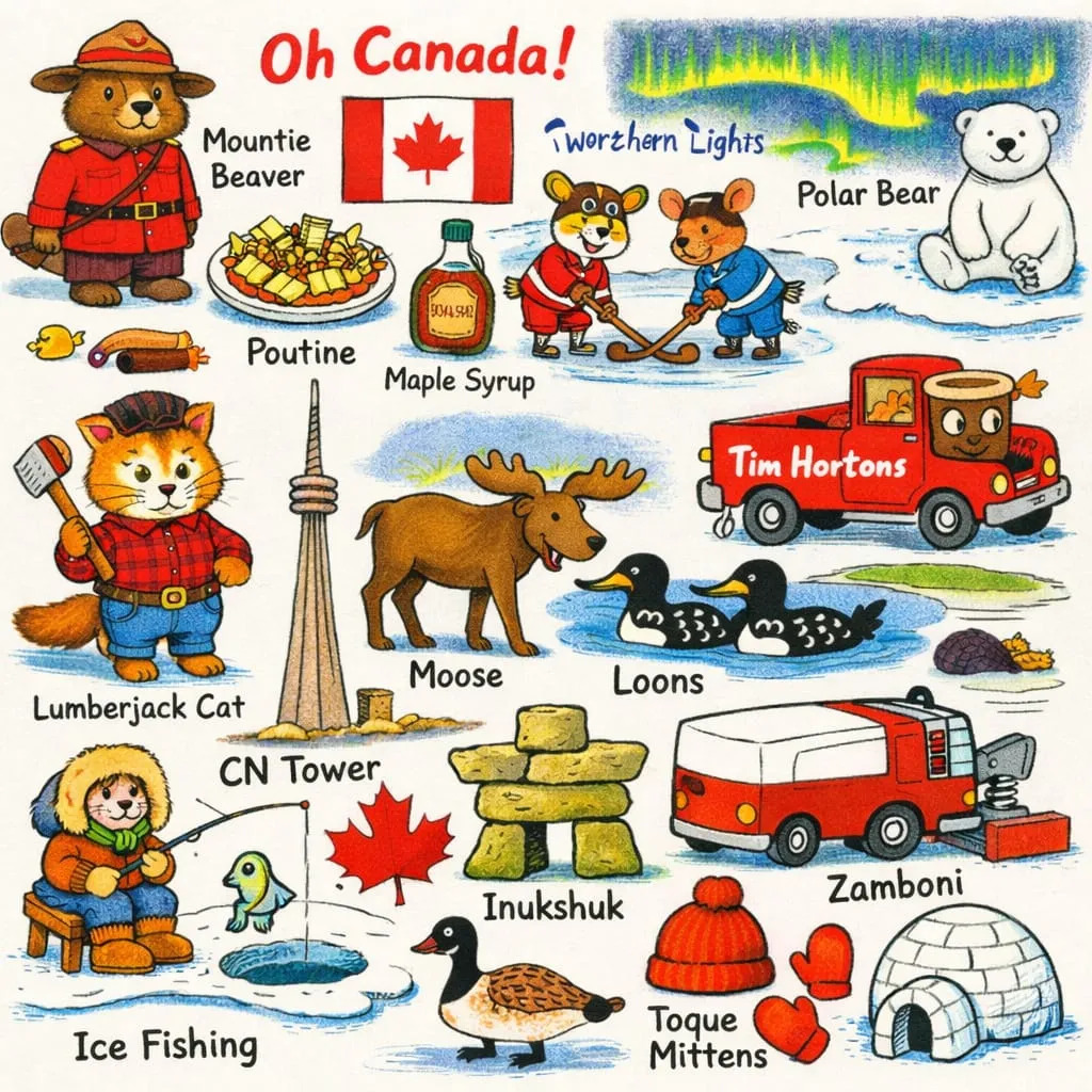 Cartoon collage of Canadian icons such as a beaver Mountie, moose, CN Tower, maple leaf, and igloo
