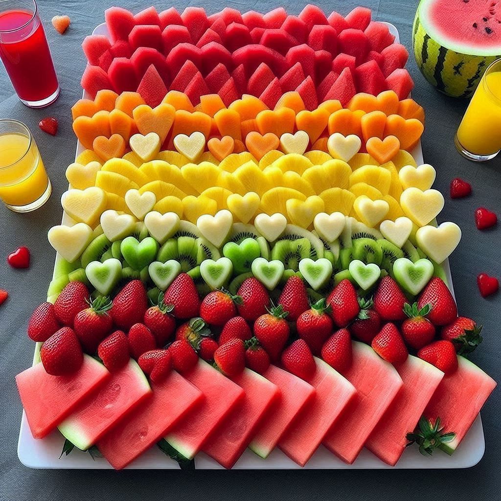 Rainbow-arranged fruit platter with heart shapes, berries, melon slices, and juice glasses on dark surface