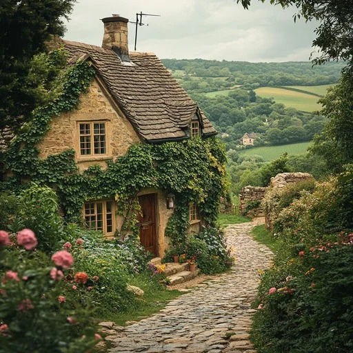 Stone cottage with garden path and rural hillside view