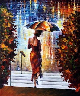 Woman with umbrella on rainy steps, impressionist oil painting with vibrant reflections and autumn colors