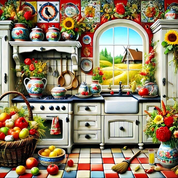 Bright country kitchen with vintage stove, colorful ceramics, sunflowers, and checkered floor