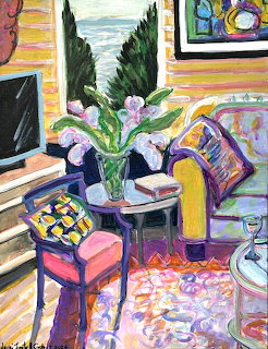 Colorful painting of living room with pink flowers, yellow walls, patterned furniture and window view of cypress trees