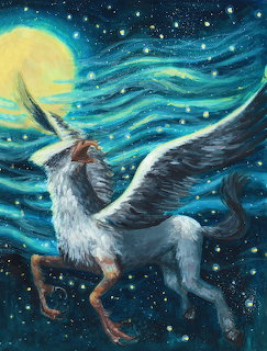 Painting of a hippogriff flying through a stary night sky with a full moon and swirling clouds