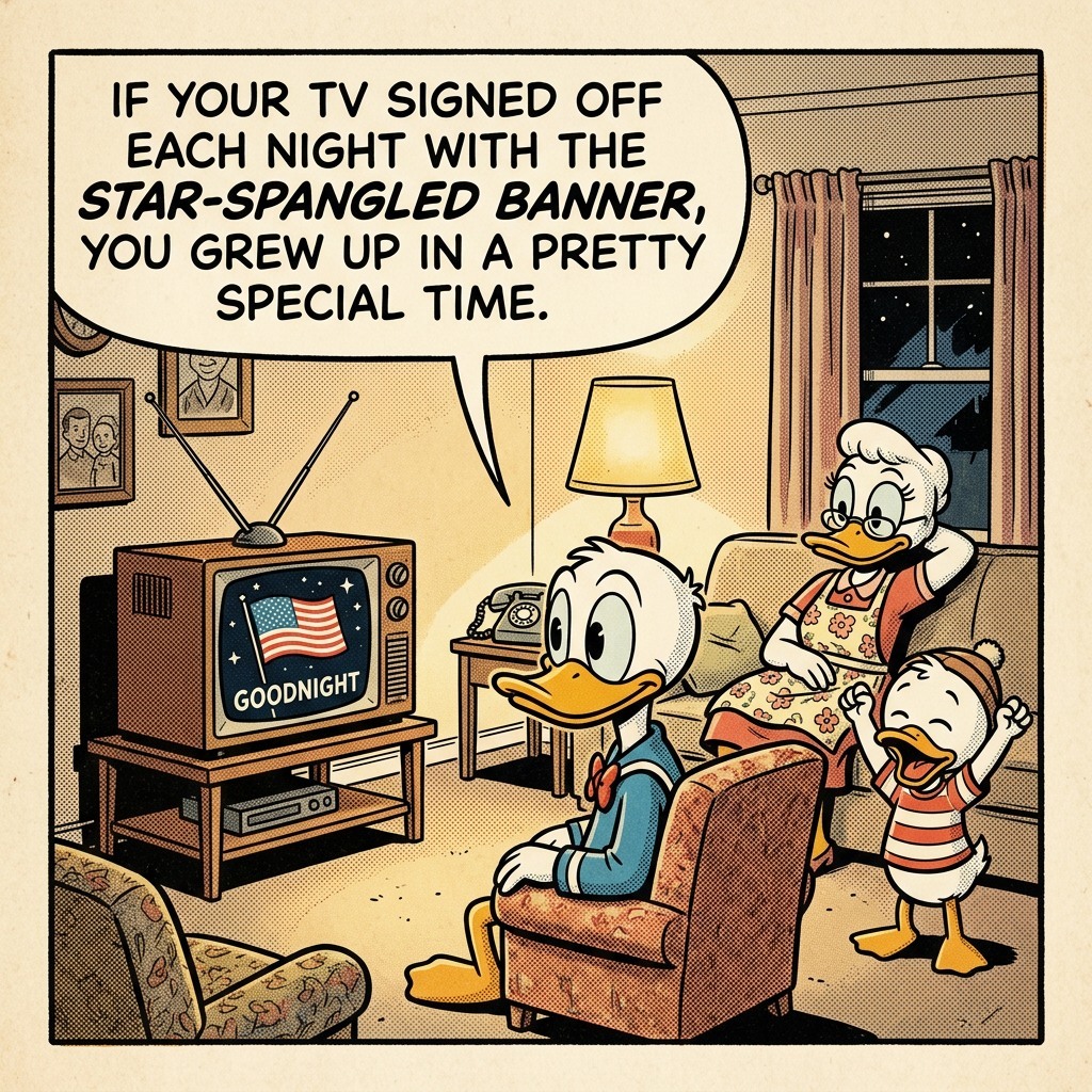 Cartoon ducks in a cozy living room watching an old TV with a speech bubble above