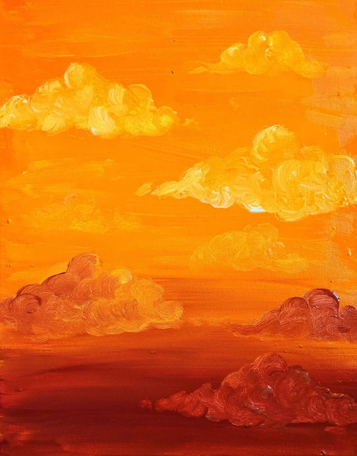 Painting of a warm orange sunset sky with large golden clouds and a dark red horizon landscape