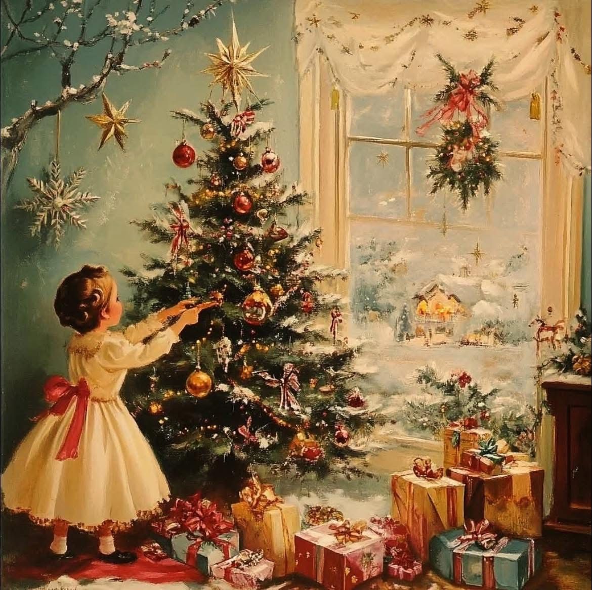 Girl in yellow dress decorating Christmas tree by window with snow and presents in vintage style illustration