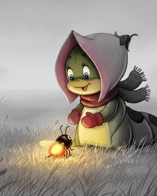 Cute cartoon turtle in pink hood and scarf looking at a glowing firefly in grass