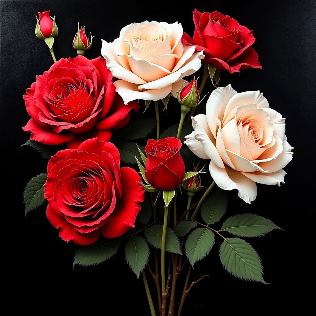 Red and cream roses with green leaves on a black background