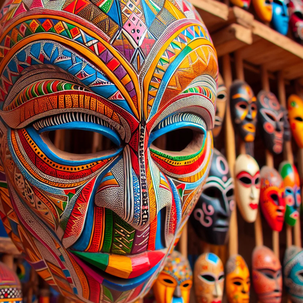 Close-up of a colorful carved mask with many painted masks displayed behind it