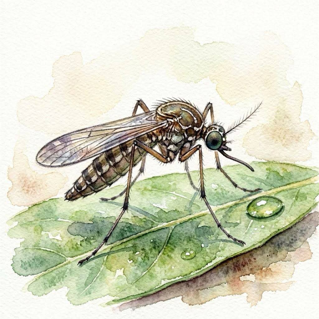 Watercolor mosquito standing on a green leaf with dew drops