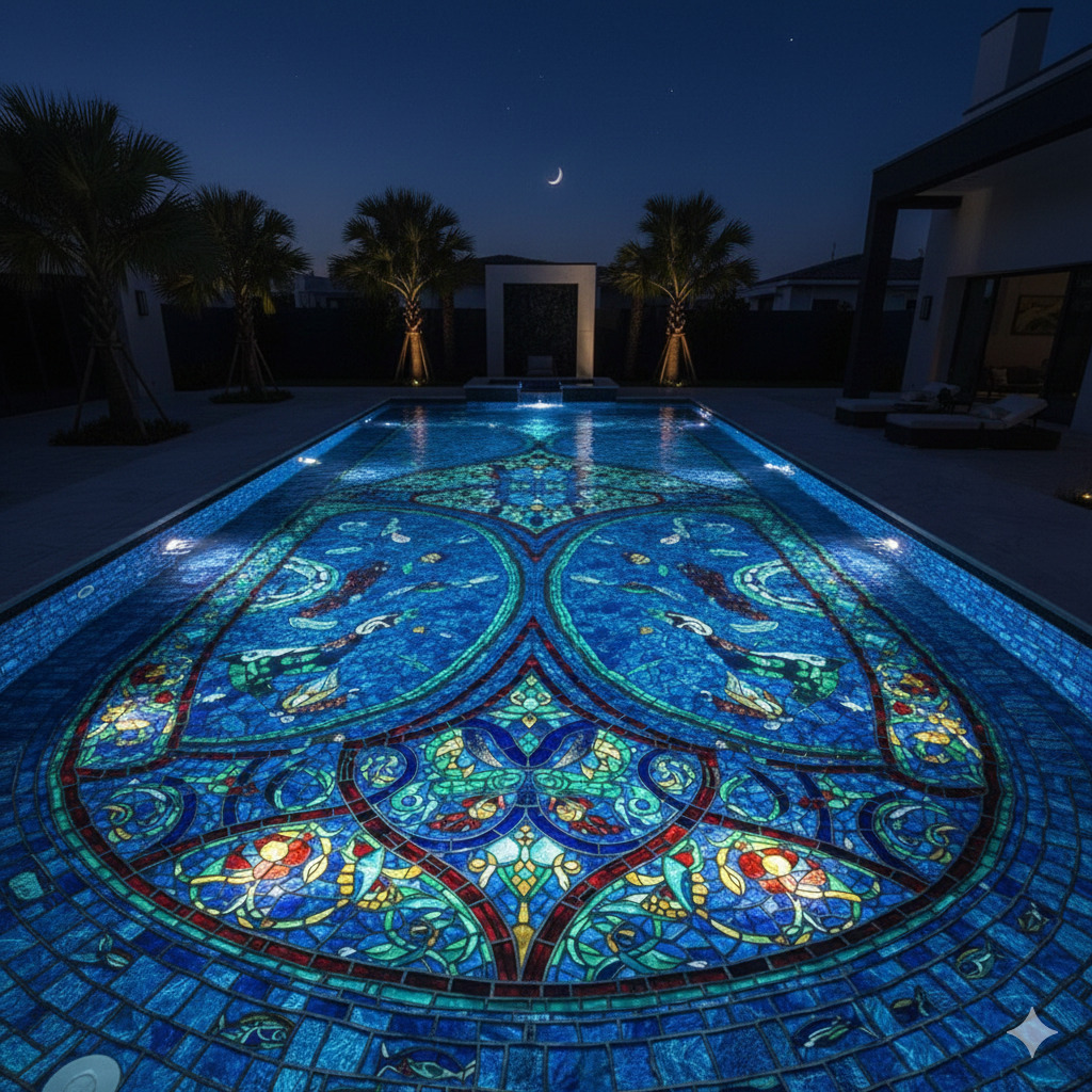 Glowing mosaic pattern on swimming pool floor at night with palm trees and building silhouettes in background