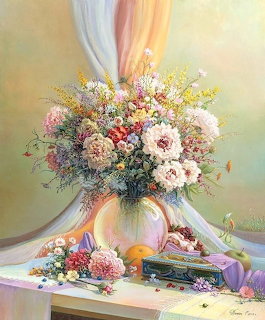 Pastel floral still life painting with flowers in vase, draped fabric, and scattered petals on table