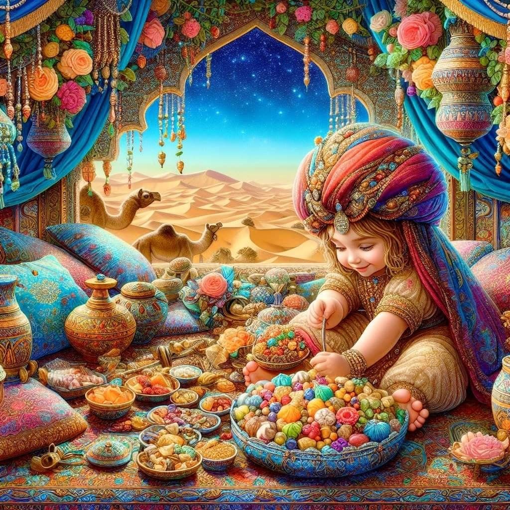 Illustrated girl in colorful robes with bowls of candies and sweets by an ornate window overlooking a desert