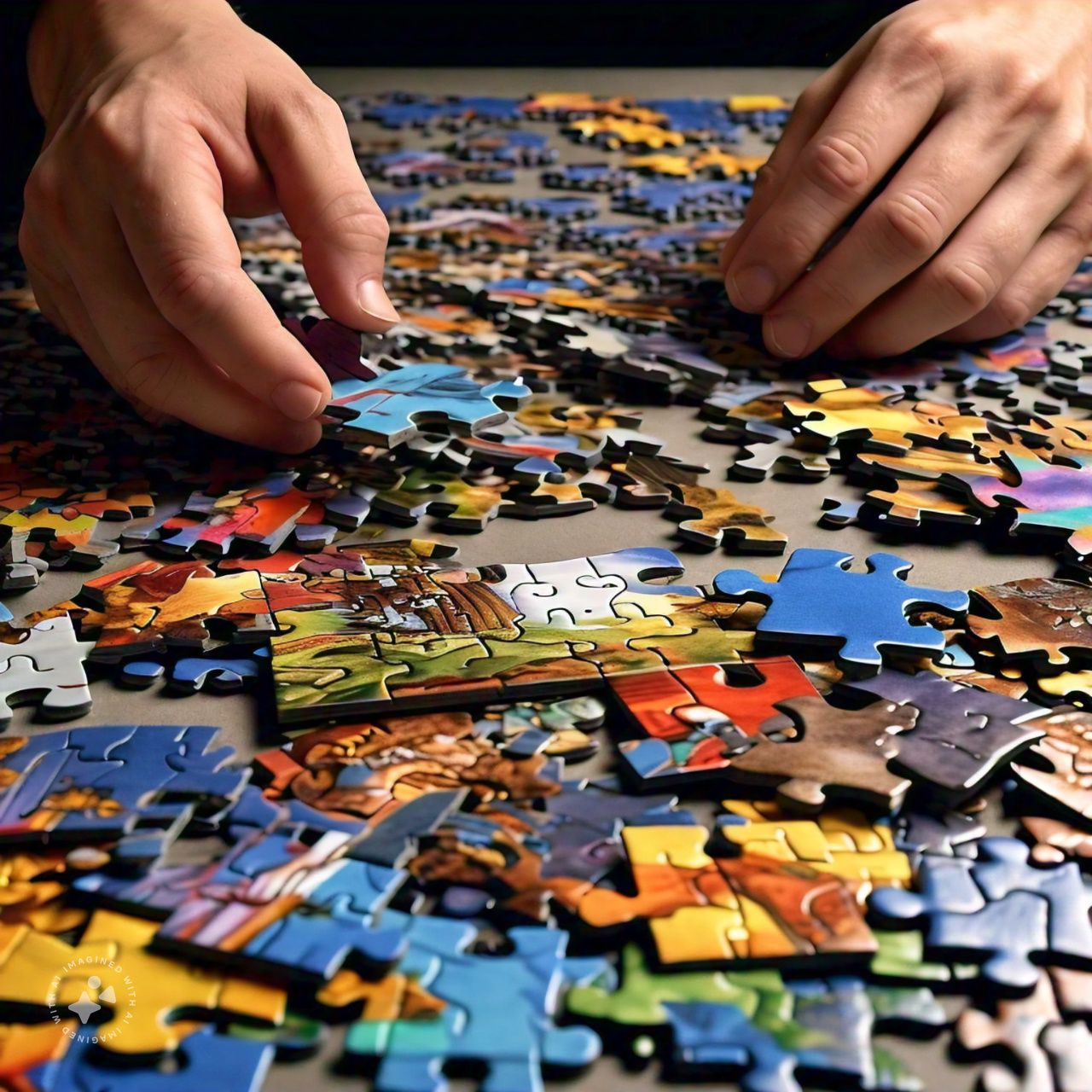 Hands placing colorful jigsaw puzzle pieces on a partially assembled puzzle