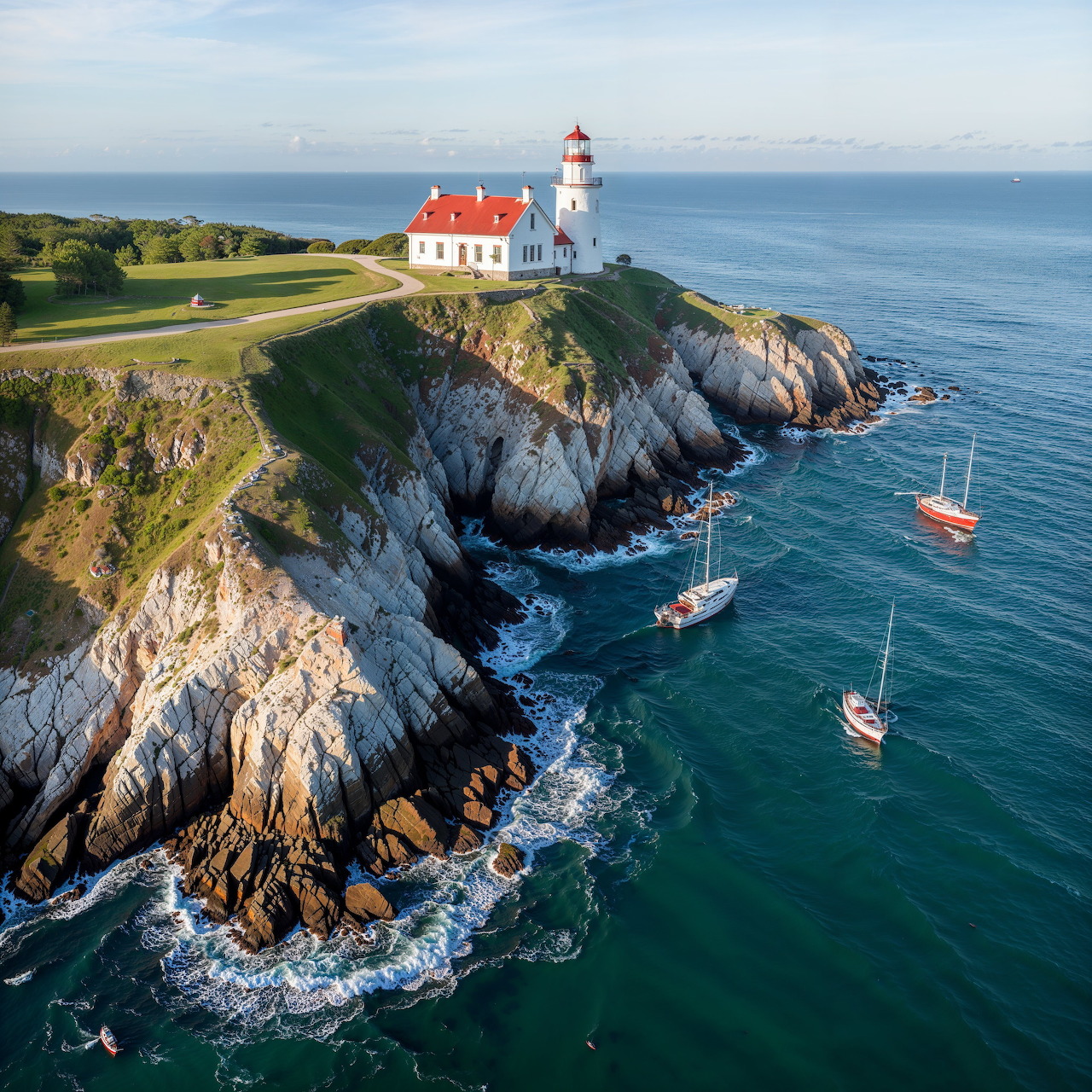 White and red lighthouse perched on dramatic rocky cliff above ocean with boats