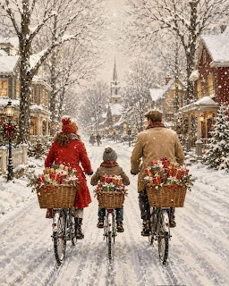 Three cyclists ride along a snow-covered village street in winter