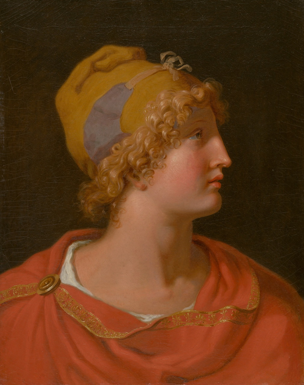 Classical painting of Paris of Troy in profile with golden curly hair, Phrygian cap, and red cloak